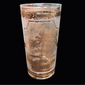 Vintage 60s Culver 22k Gold Tumbler Glass Tumbler Hawaii Sunset Palms 5.5”